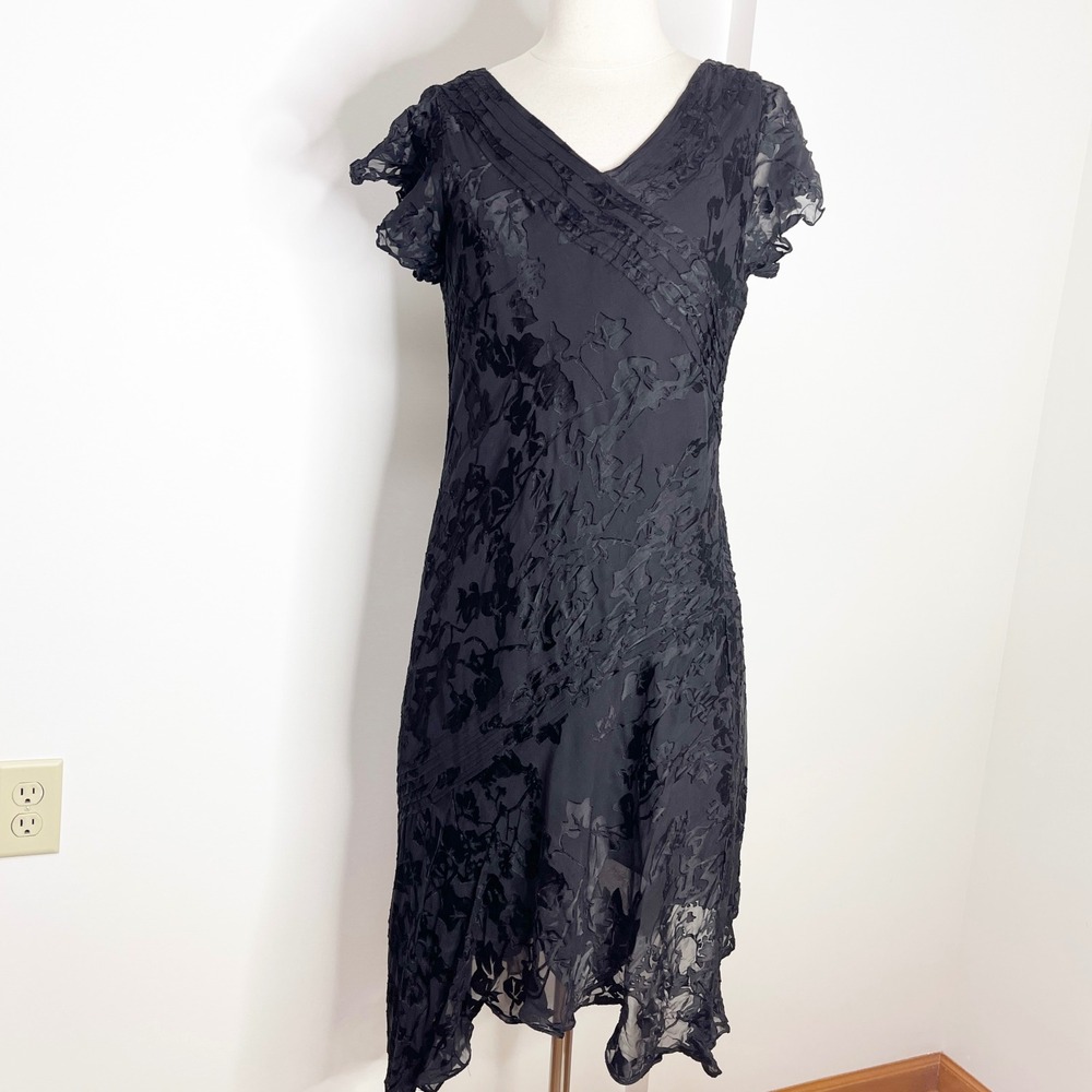 Adrianna Papell Black Silk Fairy Whimsy Dress Ethereal Burnout Floral 10P